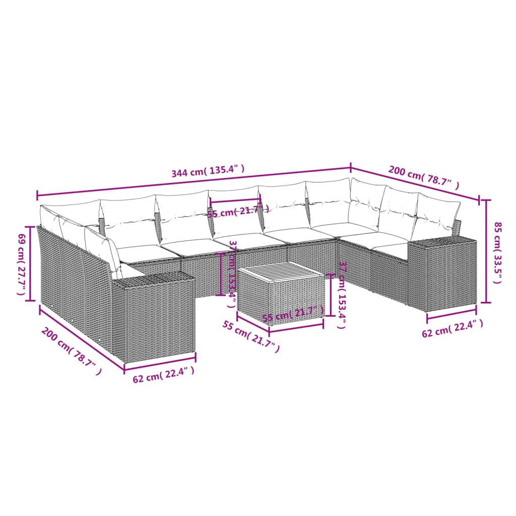 vidaXL 11-teiliges Gartensofa-Set mit Kissen, grau, Polyrattan
