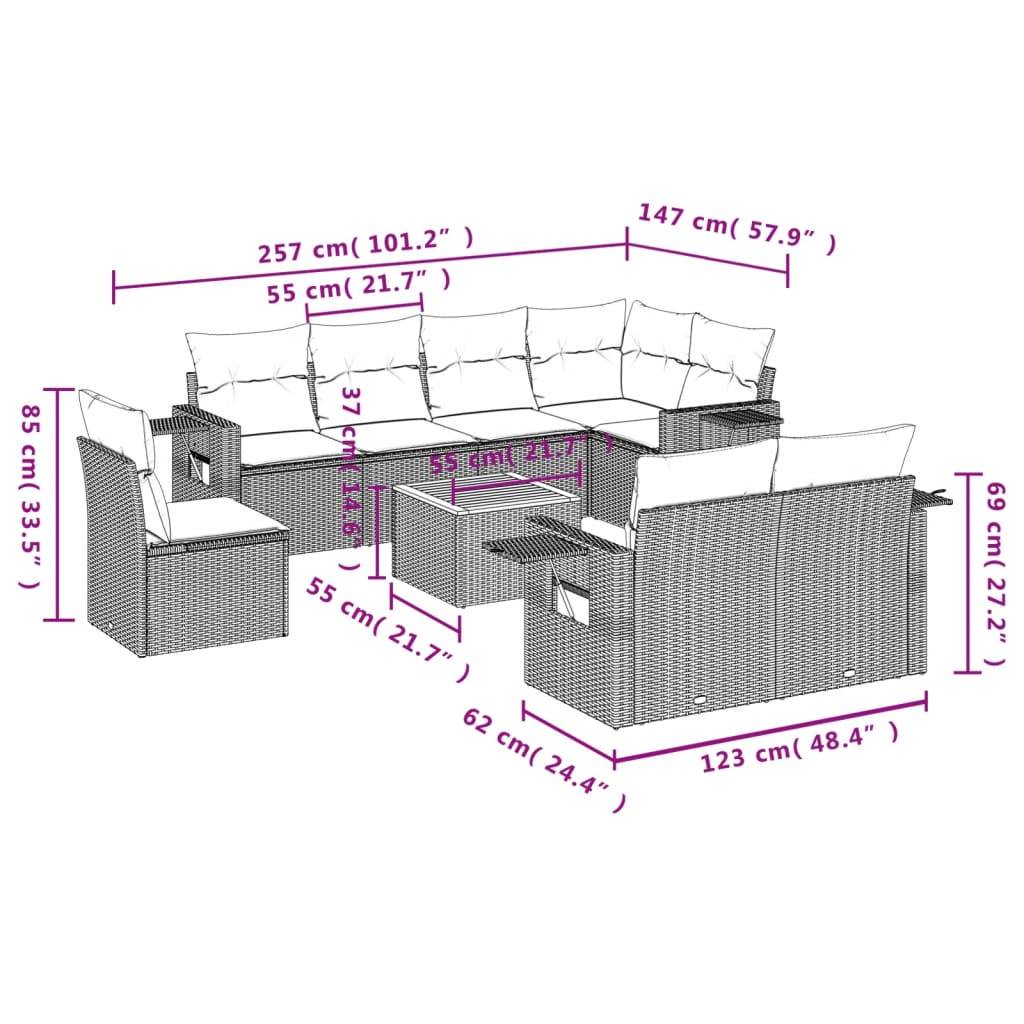 vidaXL 9-tlg. Garten-Sofagarnitur mit Kissen Schwarz Poly Rattan