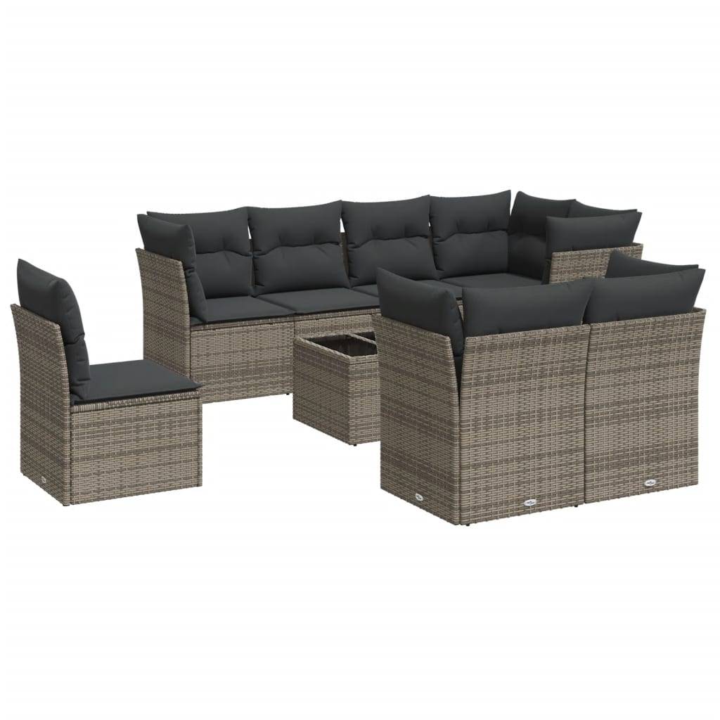 vidaXL 9-tlg. Garten-Sofagarnitur mit Kissen Grau Poly Rattan