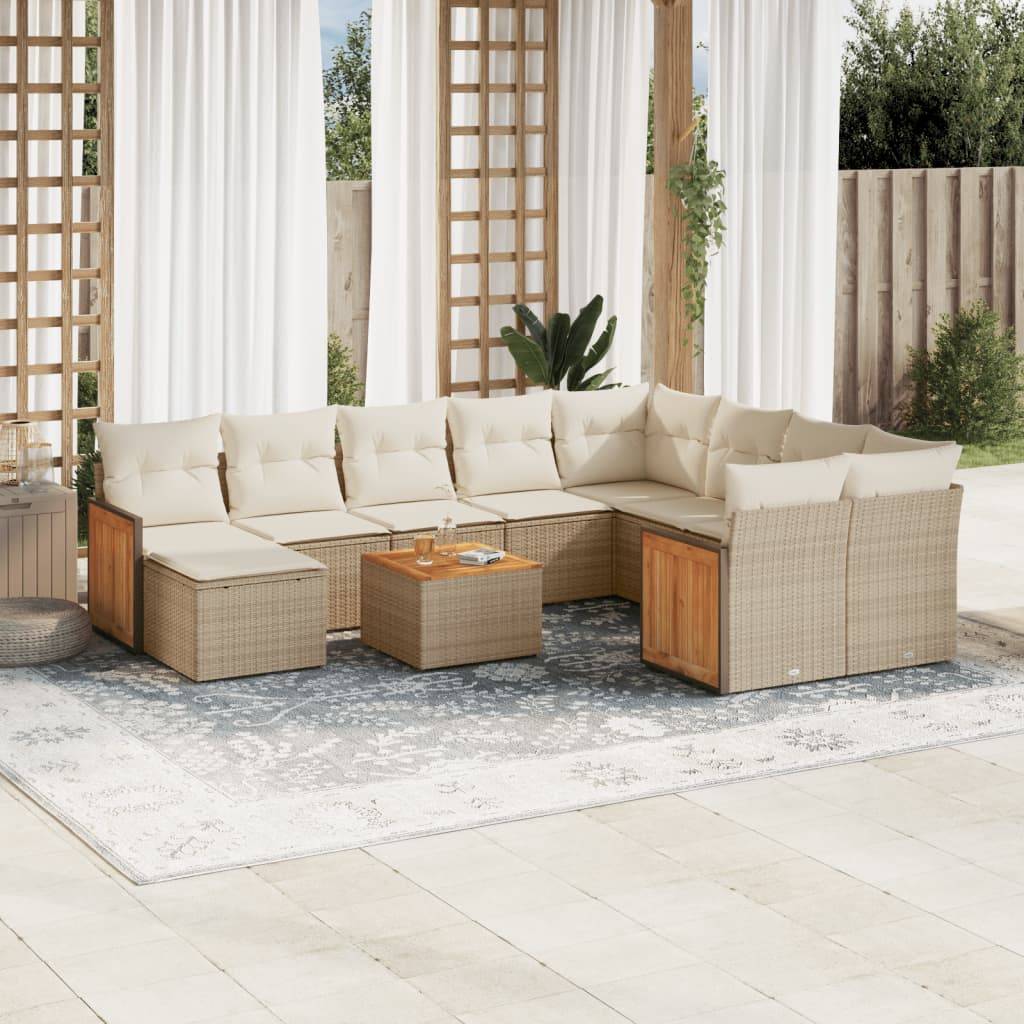 vidaXL 11-tlg. Garten-Sofagarnitur mit Kissen Beige Poly Rattan
