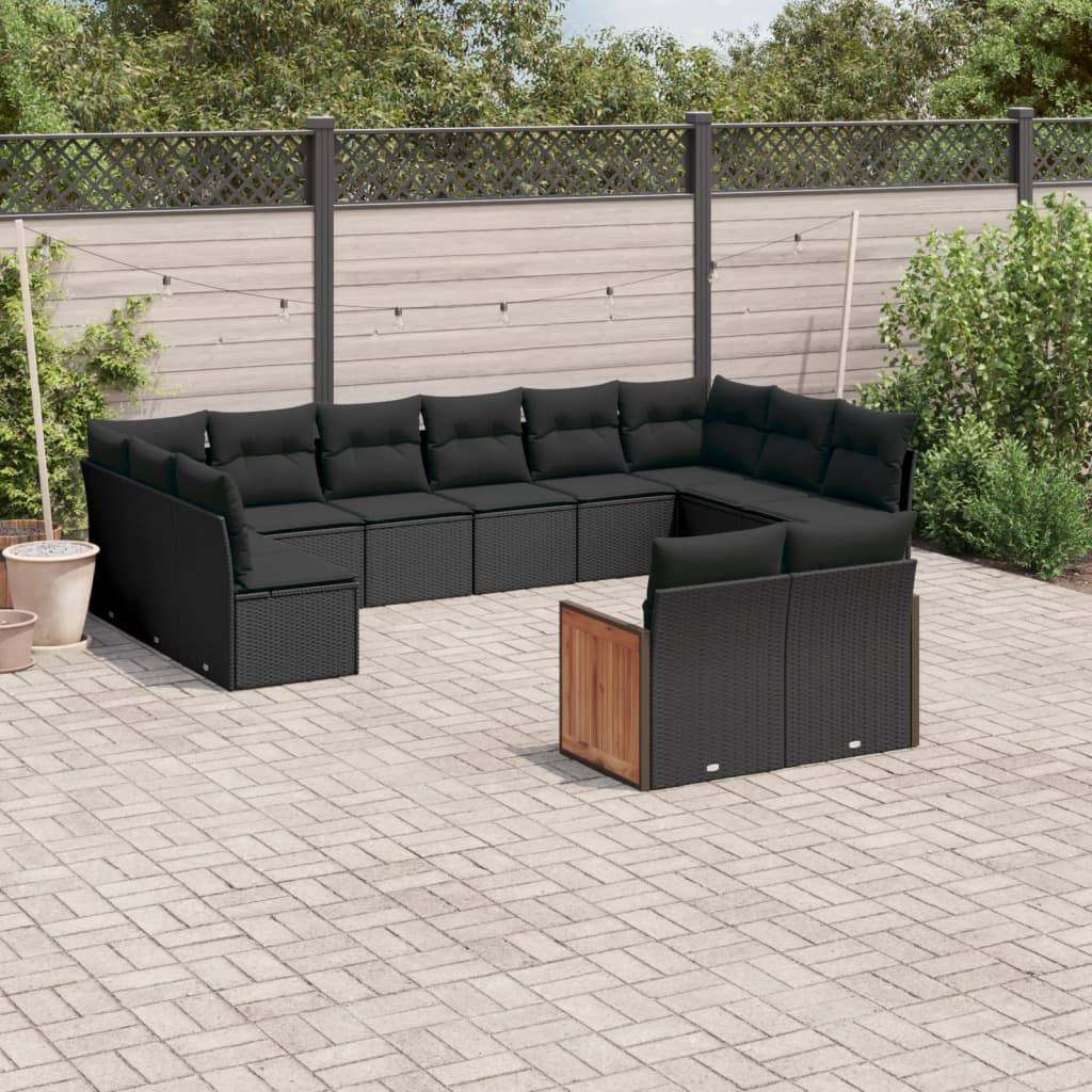 vidaXL 12-tlg. Garten-Sofagarnitur mit Kissen Schwarz Poly Rattan
