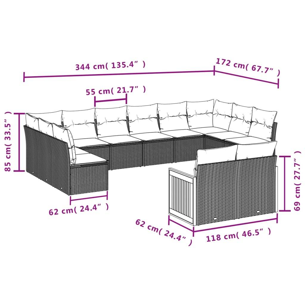 vidaXL 12-teiliges Gartensofa-Set mit Kissen, grau, Polyrattan