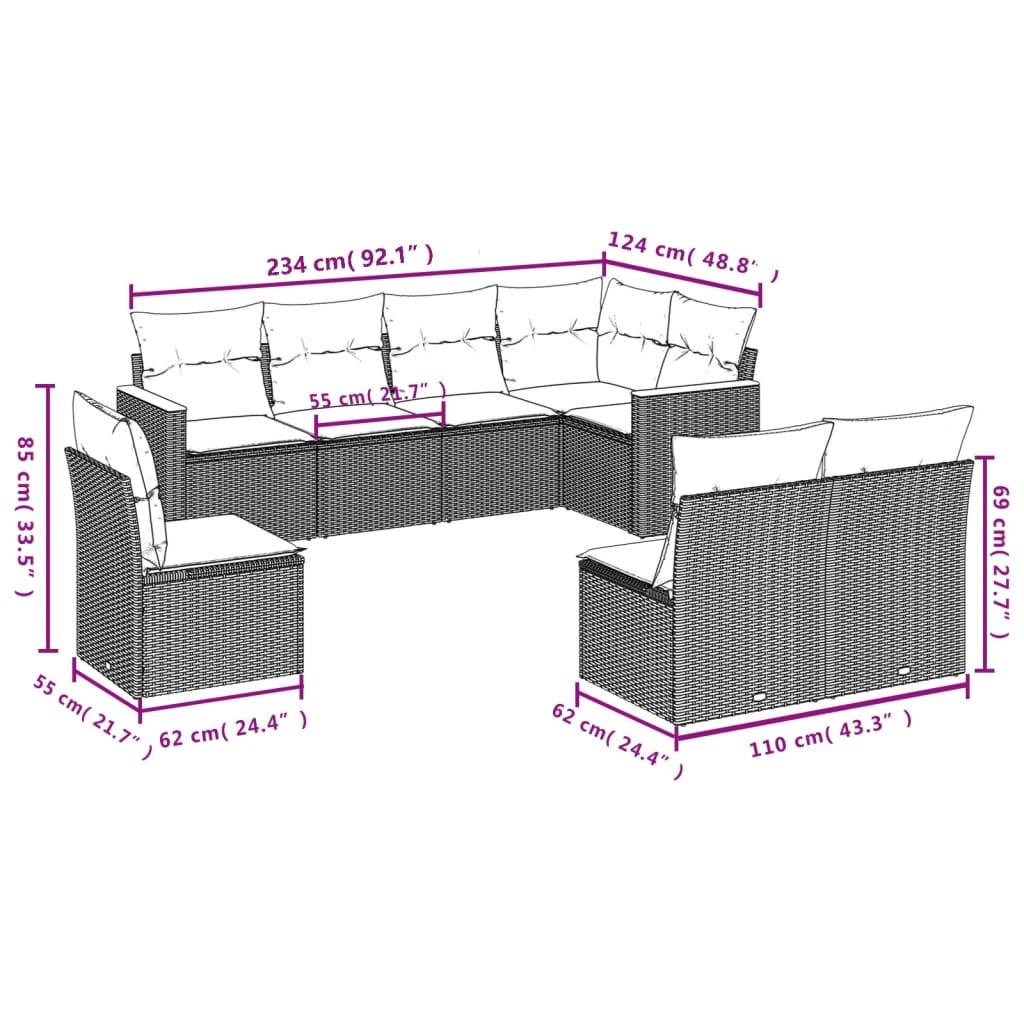 vidaXL 8-tlg. Garten-Sofagarnitur mit Kissen Grau Poly Rattan