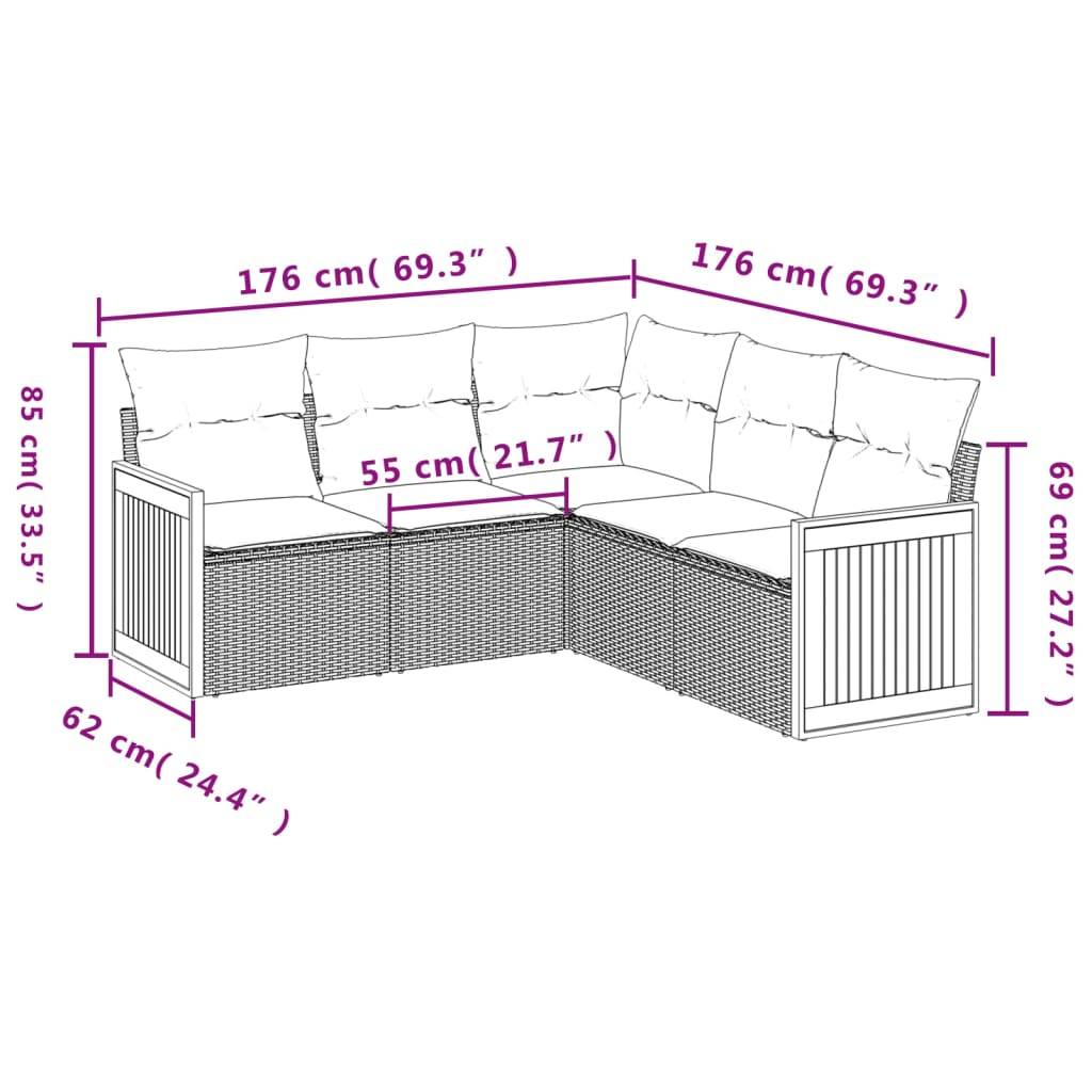 vidaXL 5-tlg. Garten-Sofagarnitur mit Kissen Grau Poly Rattan