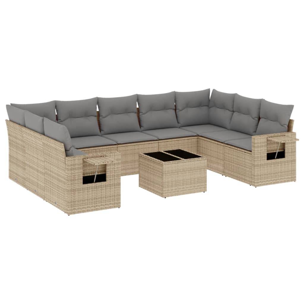 vidaXL 10-tlg. Garten-Sofagarnitur mit Kissen Beige Poly Rattan