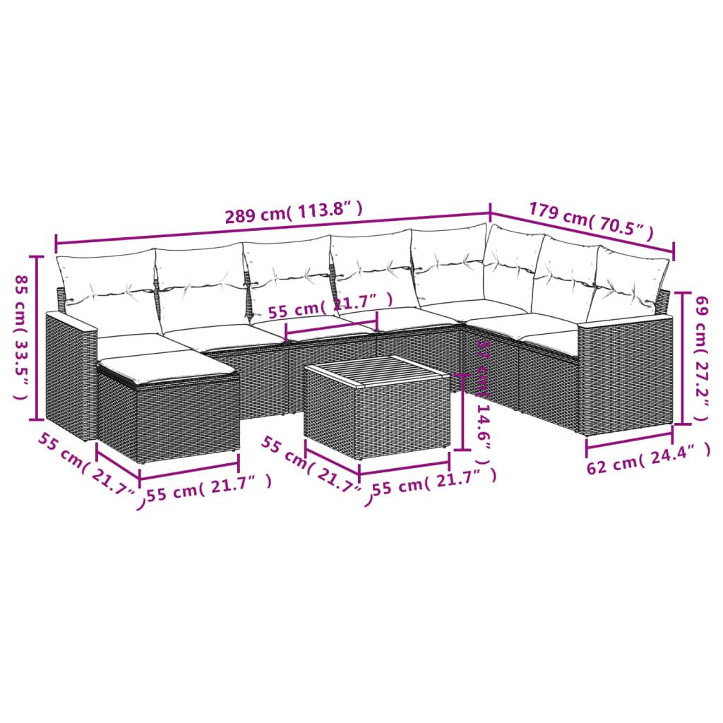 vidaXL 9-teiliges Gartensofa-Set mit Kissen, grau, Polyrattan