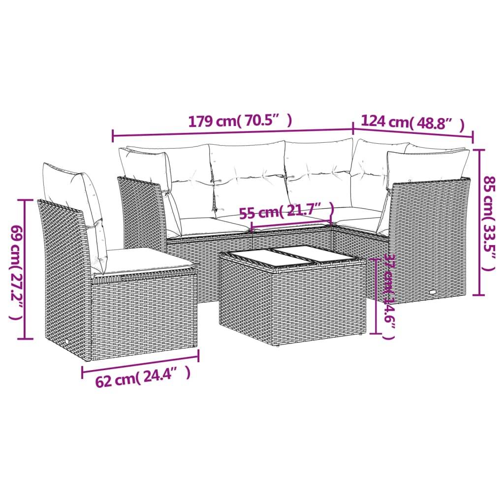 vidaXL 6-tlg. Garten-Sofagarnitur mit Kissen Hellgrau Poly Rattan