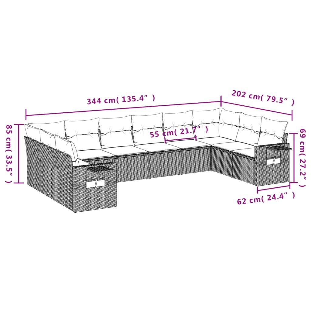 vidaXL 10-teiliges Gartensofa-Set mit Kissen, grau, Polyrattan