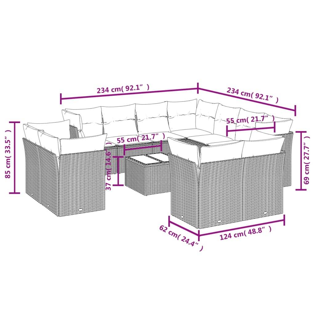 vidaXL 12-tlg. Garten-Sofagarnitur mit Kissen Braun Poly Rattan
