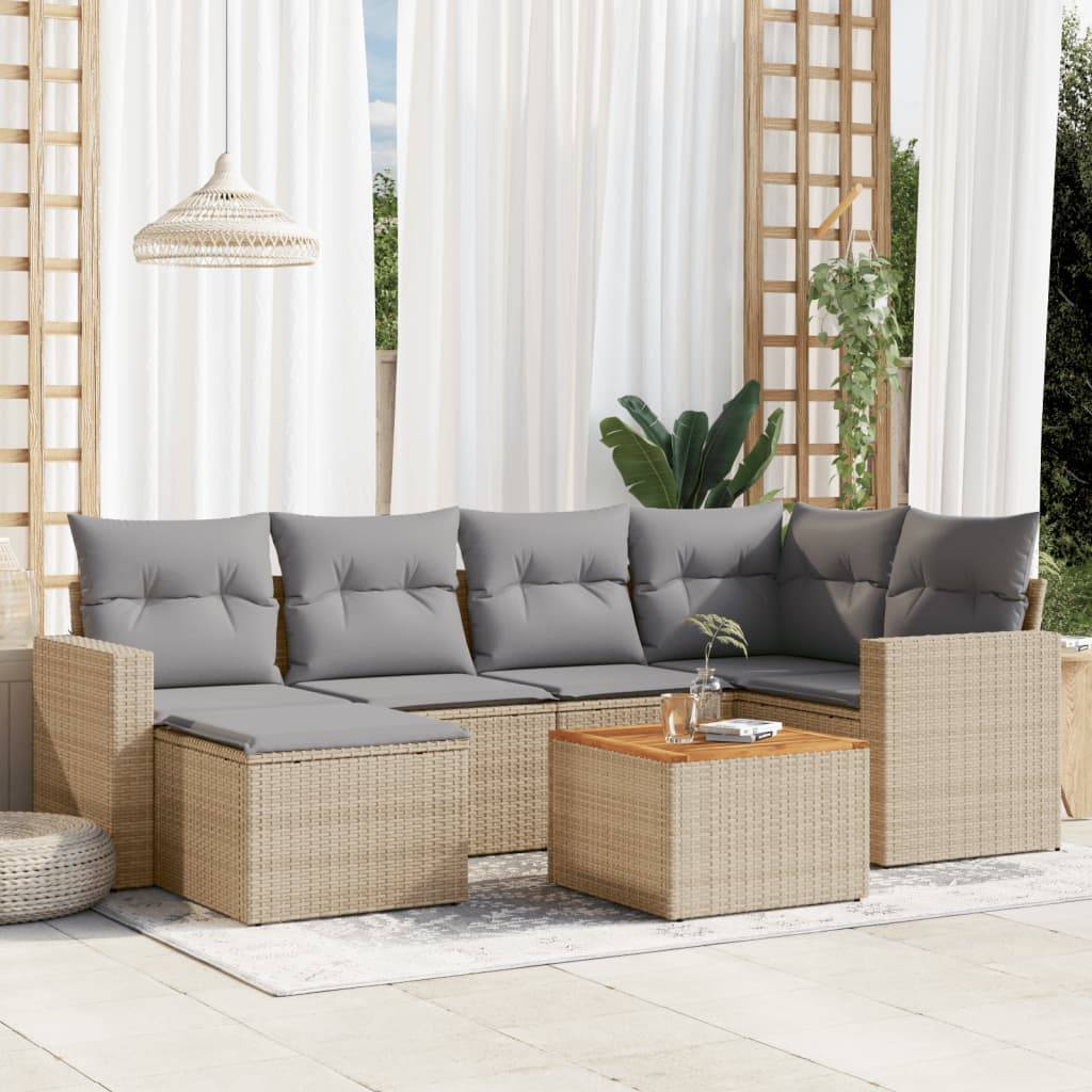 vidaXL 7-tlg. Garten-Sofagarnitur mit Kissen Beige Poly Rattan