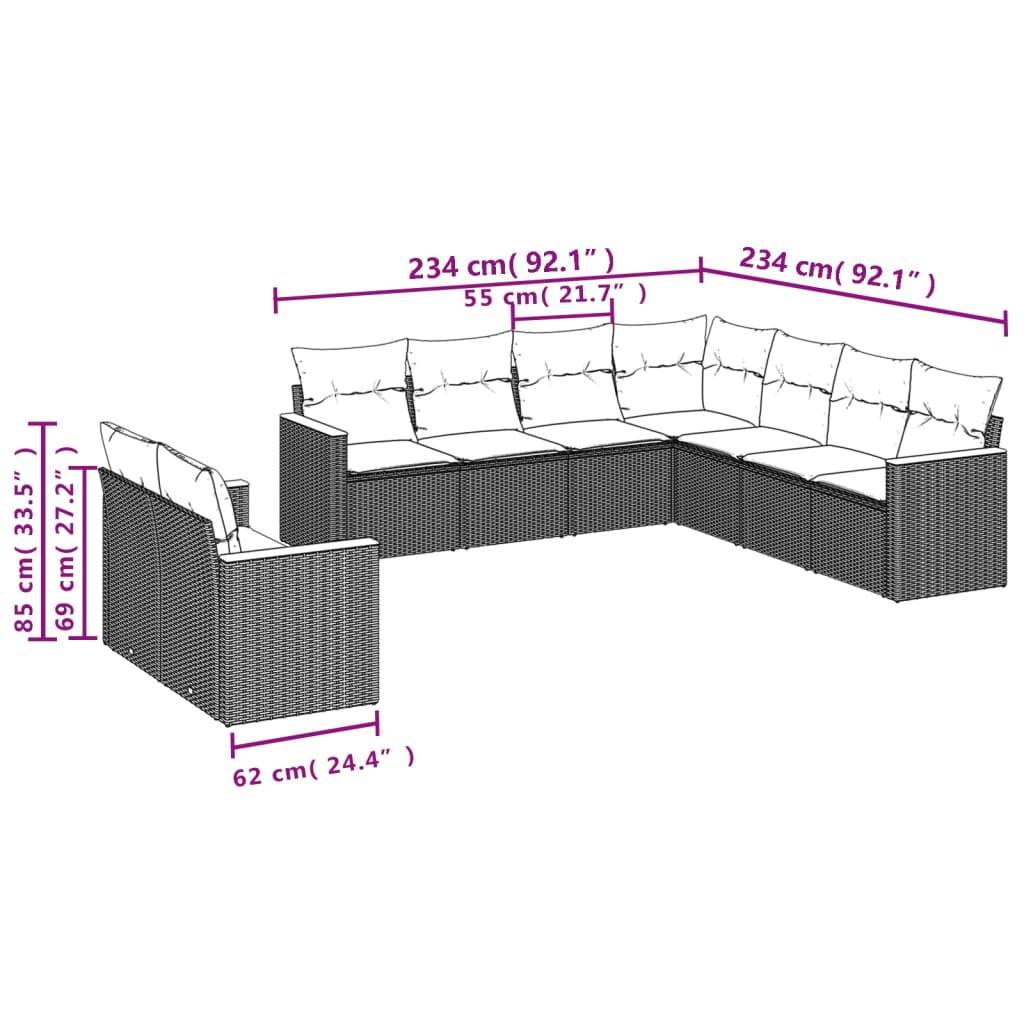 vidaXL 9-tlg. Garten-Sofagarnitur mit Kissen Schwarz Poly Rattan