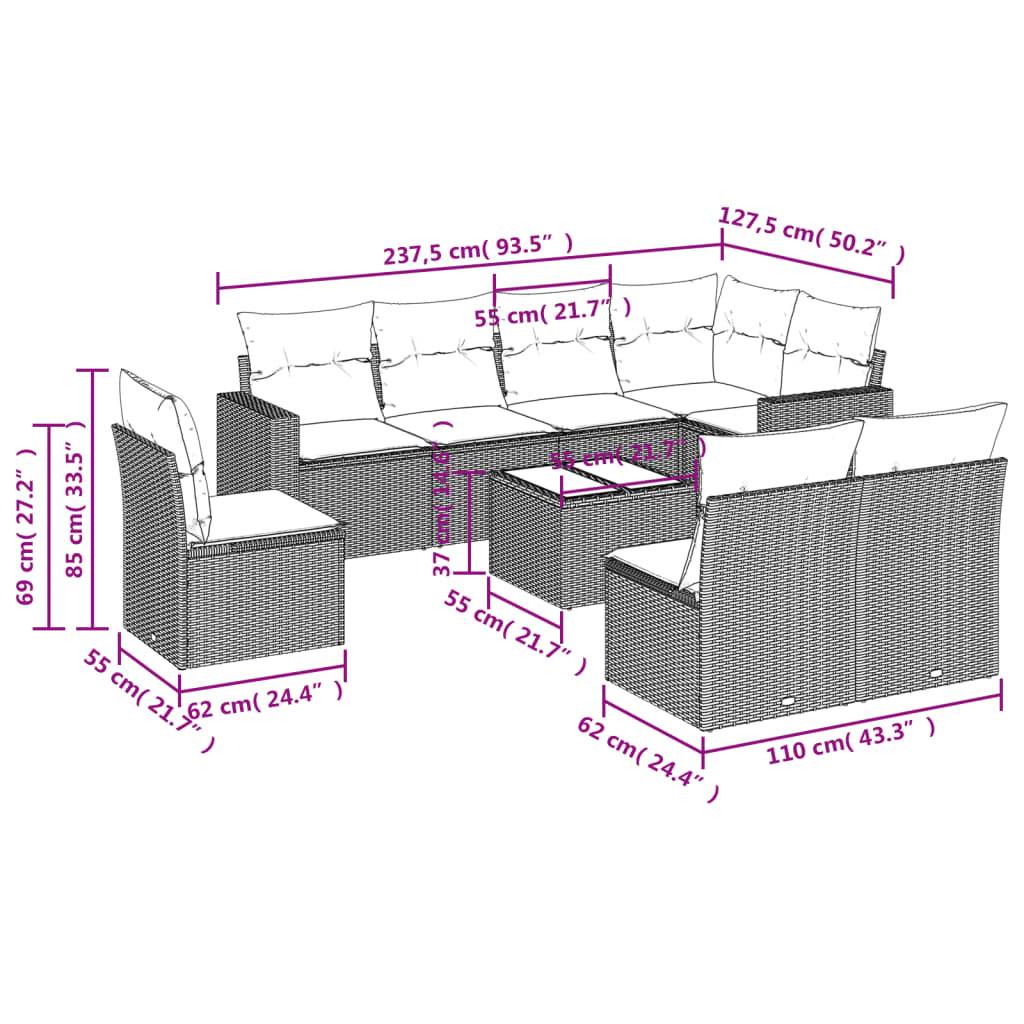 vidaXL 9-tlg. Garten-Sofagarnitur mit Kissen Braun Poly Rattan