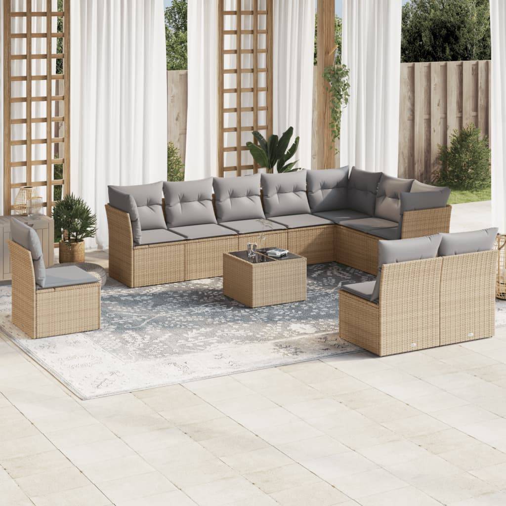 vidaXL 11-tlg. Garten-Sofagarnitur mit Kissen Beige Poly Rattan