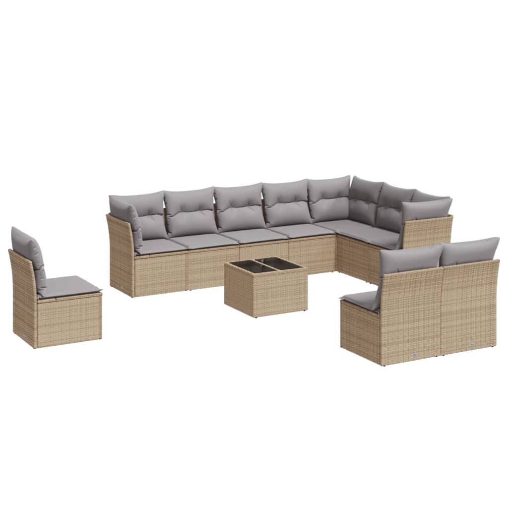 vidaXL 11-tlg. Garten-Sofagarnitur mit Kissen Beige Poly Rattan