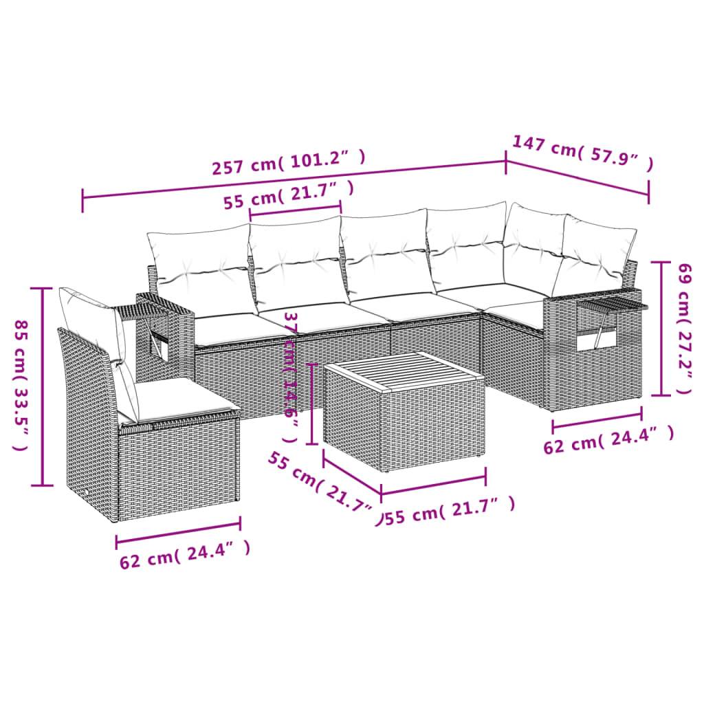 vidaXL 7-teiliges Gartensofa-Set mit Kissen, schwarzes Polyrattan