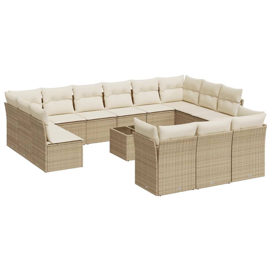 vidaXL 14-tlg. Garten-Sofagarnitur mit Kissen Beige Poly Rattan