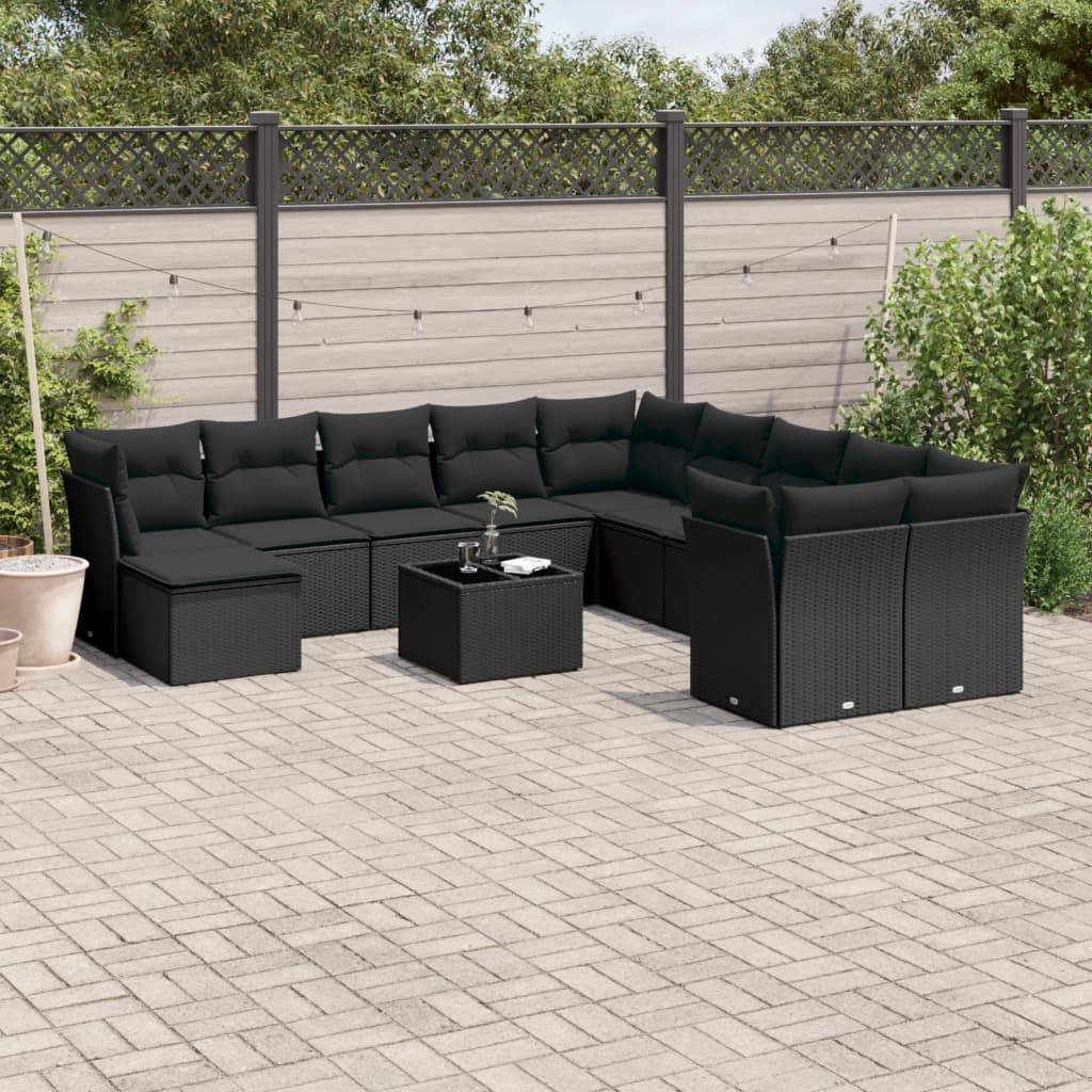 vidaXL 12-tlg. Garten-Sofagarnitur mit Kissen Schwarz Poly Rattan