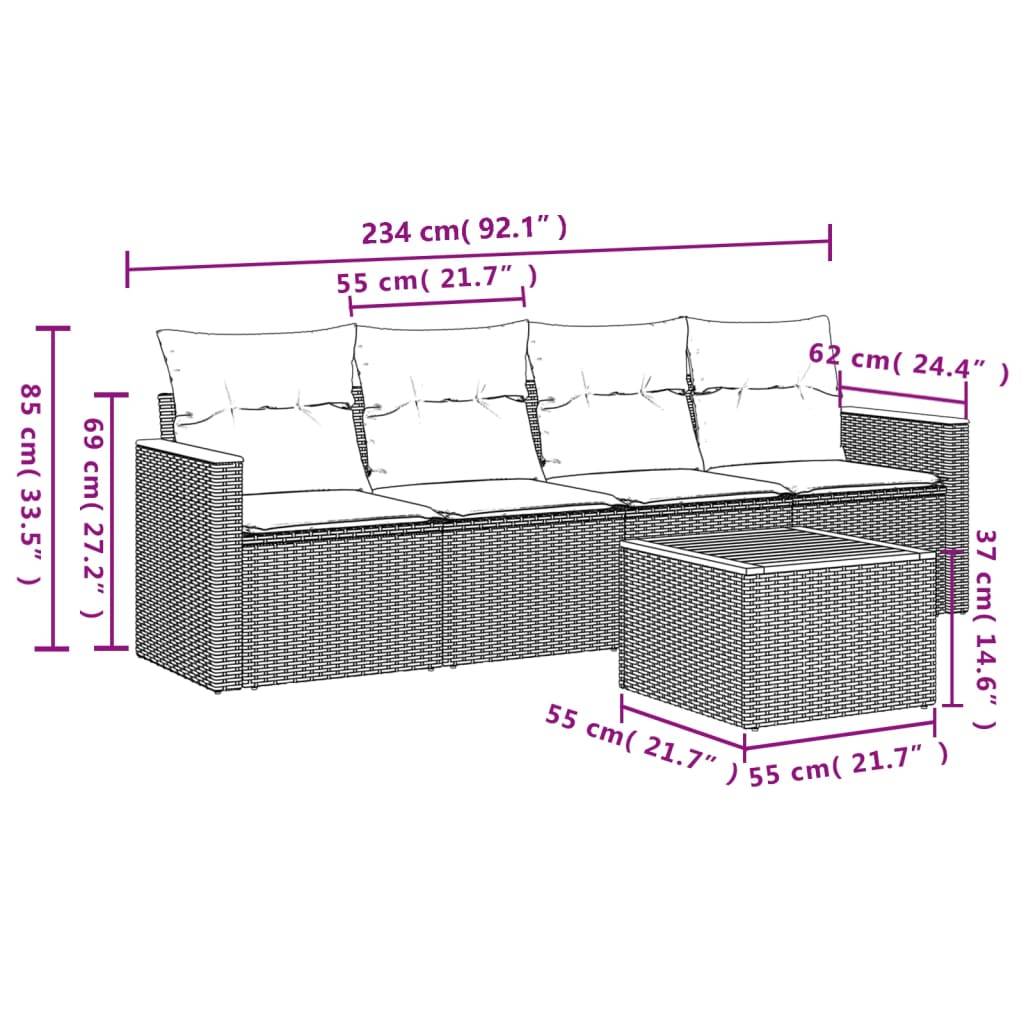 vidaXL 5-teiliges Gartensofa-Set mit Kissen, schwarzes Polyrattan