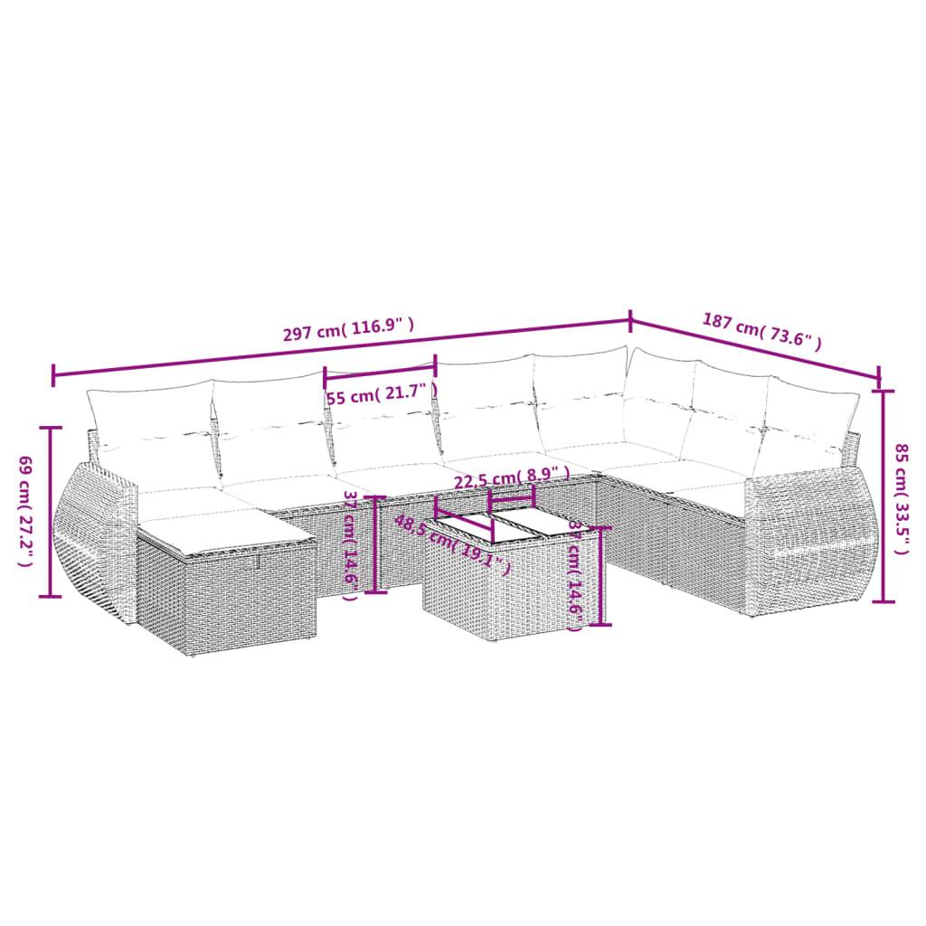 vidaXL 9-tlg. Garten-Sofagarnitur mit Kissen Hellgrau Poly Rattan