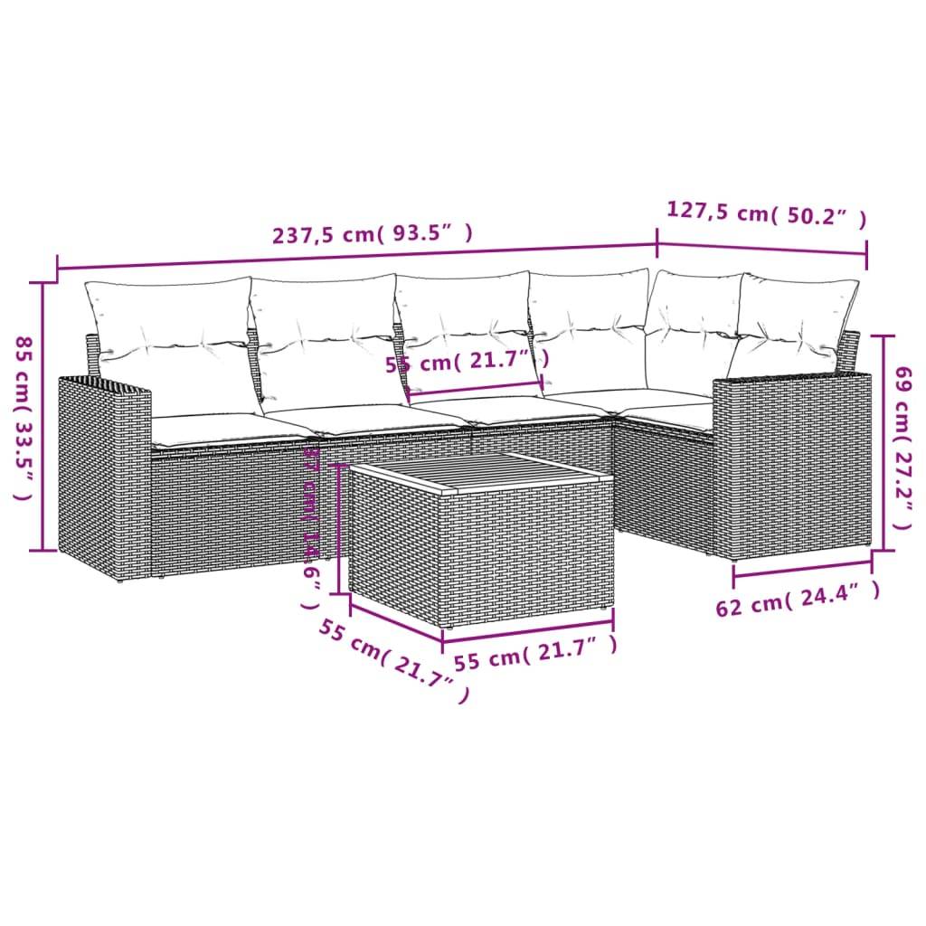 vidaXL 6-tlg. Garten-Sofagarnitur mit Kissen Beige Poly Rattan