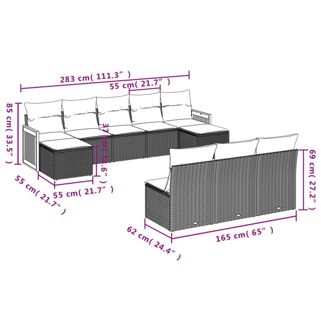 vidaXL 10-teiliges Gartensofa-Set mit Kissen, grau, Polyrattan
