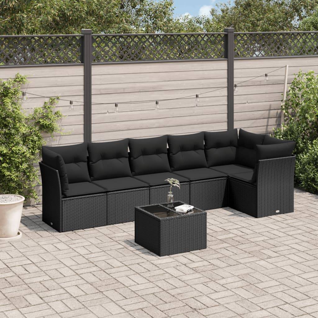 vidaXL 7-tlg. Garten-Sofagarnitur mit Kissen Schwarz Poly Rattan