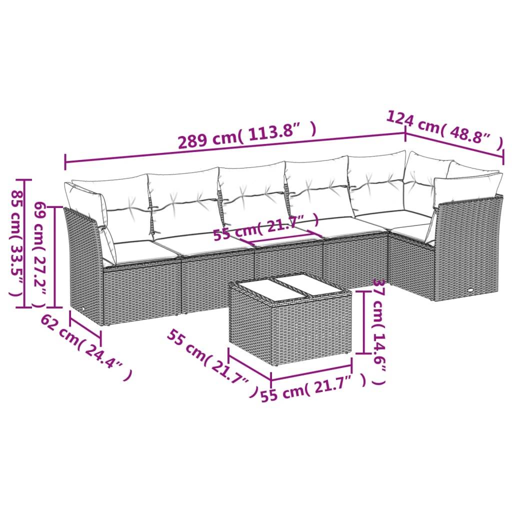 vidaXL 7-tlg. Garten-Sofagarnitur mit Kissen Schwarz Poly Rattan
