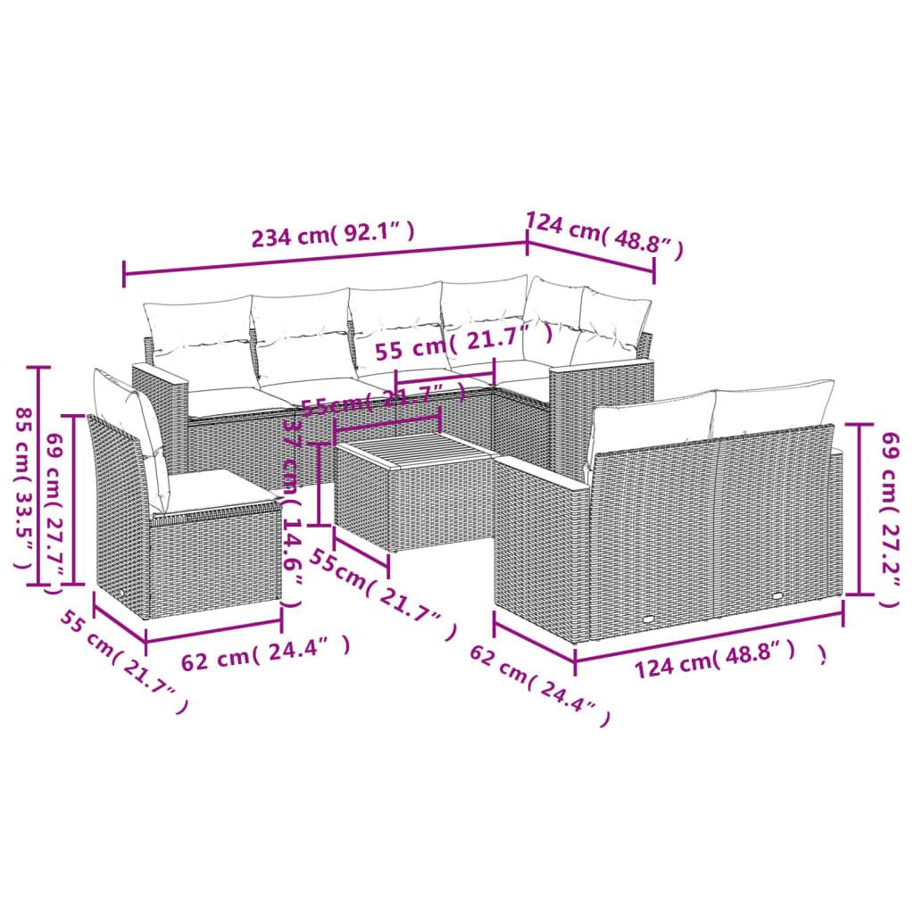 vidaXL 9-teiliges Gartensofa-Set mit Kissen, schwarzes Polyrattan