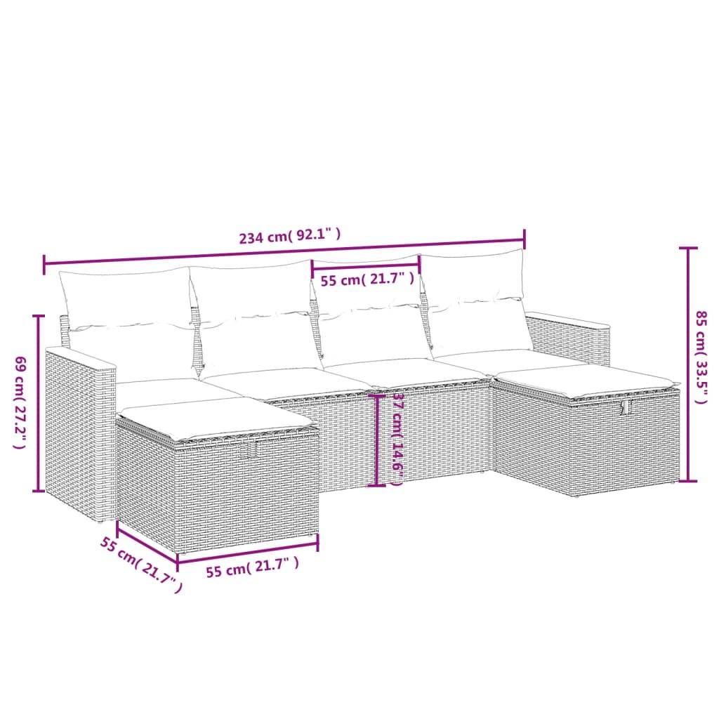 vidaXL 6-tlg. Garten-Sofagarnitur mit Kissen Schwarz Poly Rattan
