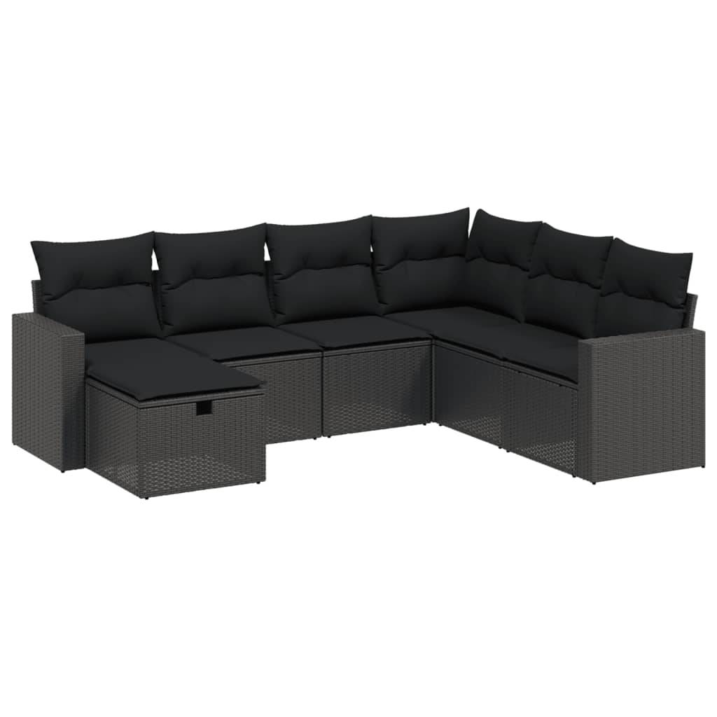 vidaXL 7-tlg. Garten-Sofagarnitur mit Kissen Schwarz Poly Rattan