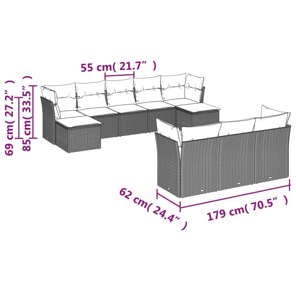 vidaXL 10-teiliges Gartensofa-Set mit Kissen, schwarzes Polyrattan