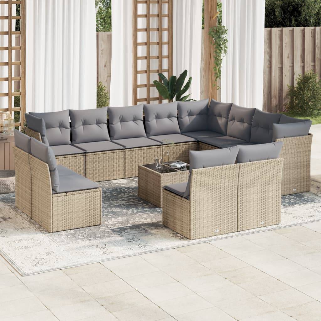 vidaXL 13-tlg. Garten-Sofagarnitur mit Kissen Beige Poly Rattan
