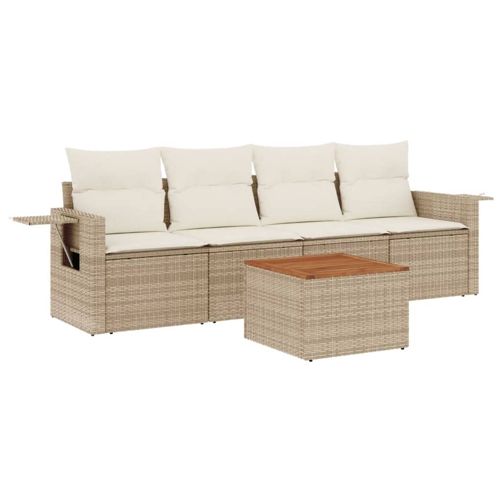 vidaXL 5-tlg. Garten-Sofagarnitur mit Kissen Beige Poly Rattan