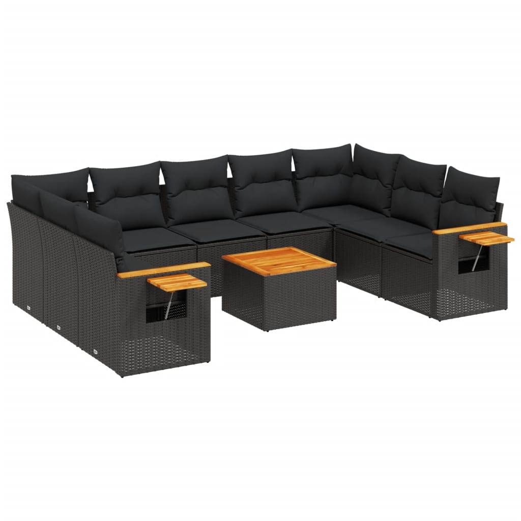 vidaXL 10-tlg. Garten-Sofagarnitur mit Kissen Schwarz Poly Rattan