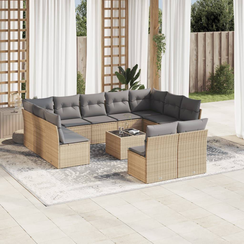 vidaXL 12-tlg. Garten-Sofagarnitur mit Kissen Beige Poly Rattan