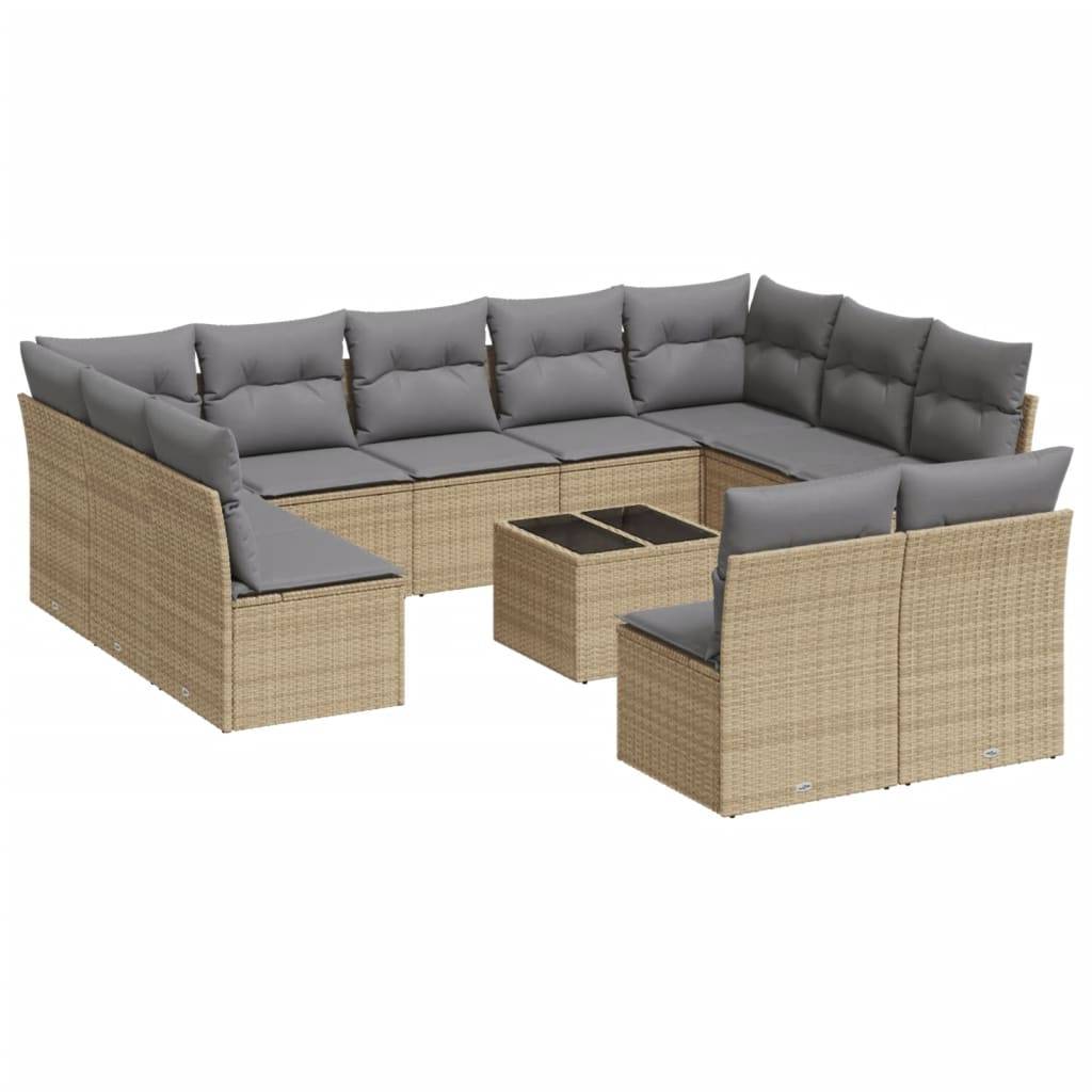 vidaXL 12-tlg. Garten-Sofagarnitur mit Kissen Beige Poly Rattan
