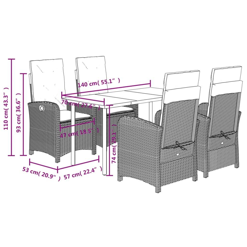 vidaXL 5-tlg. Garten-Essgruppe mit Kissen Schwarz Poly Rattan