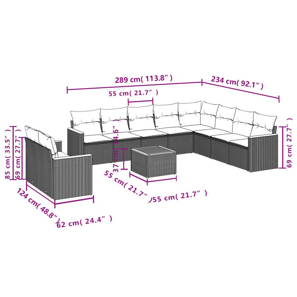 vidaXL 11-teiliges Gartensofa-Set mit Kissen, schwarzes Polyrattan