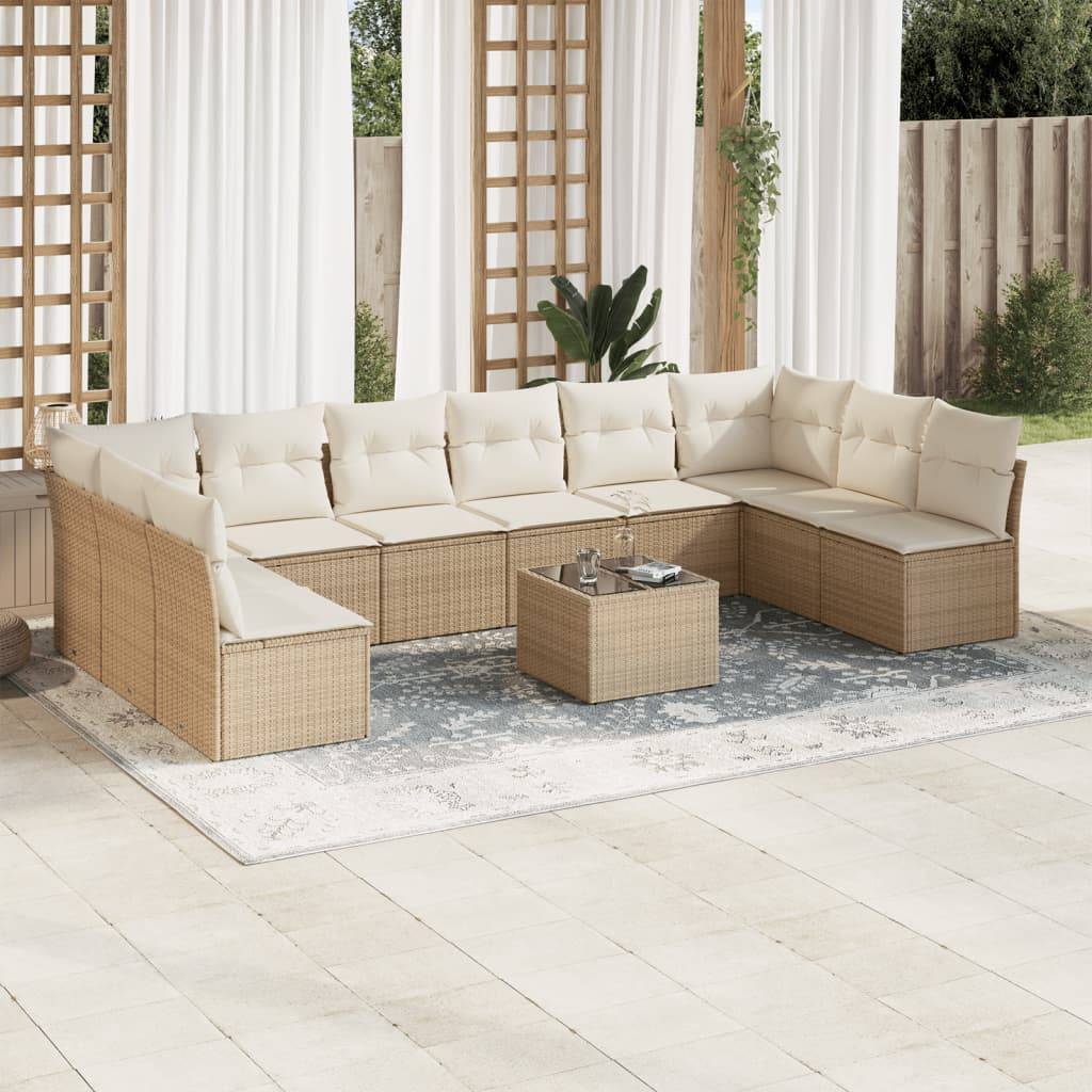 vidaXL 11-tlg. Garten-Sofagarnitur mit Kissen Beige Poly Rattan