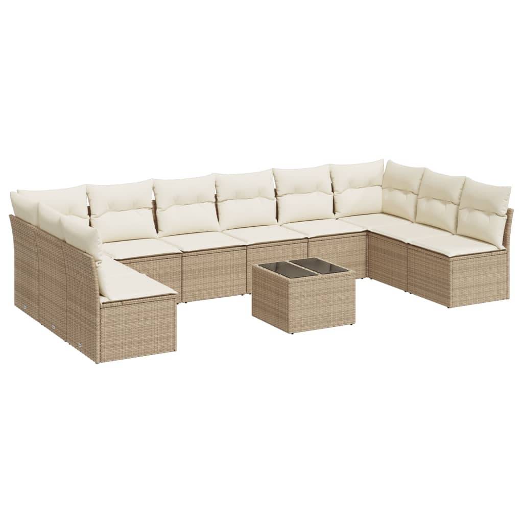 vidaXL 11-tlg. Garten-Sofagarnitur mit Kissen Beige Poly Rattan