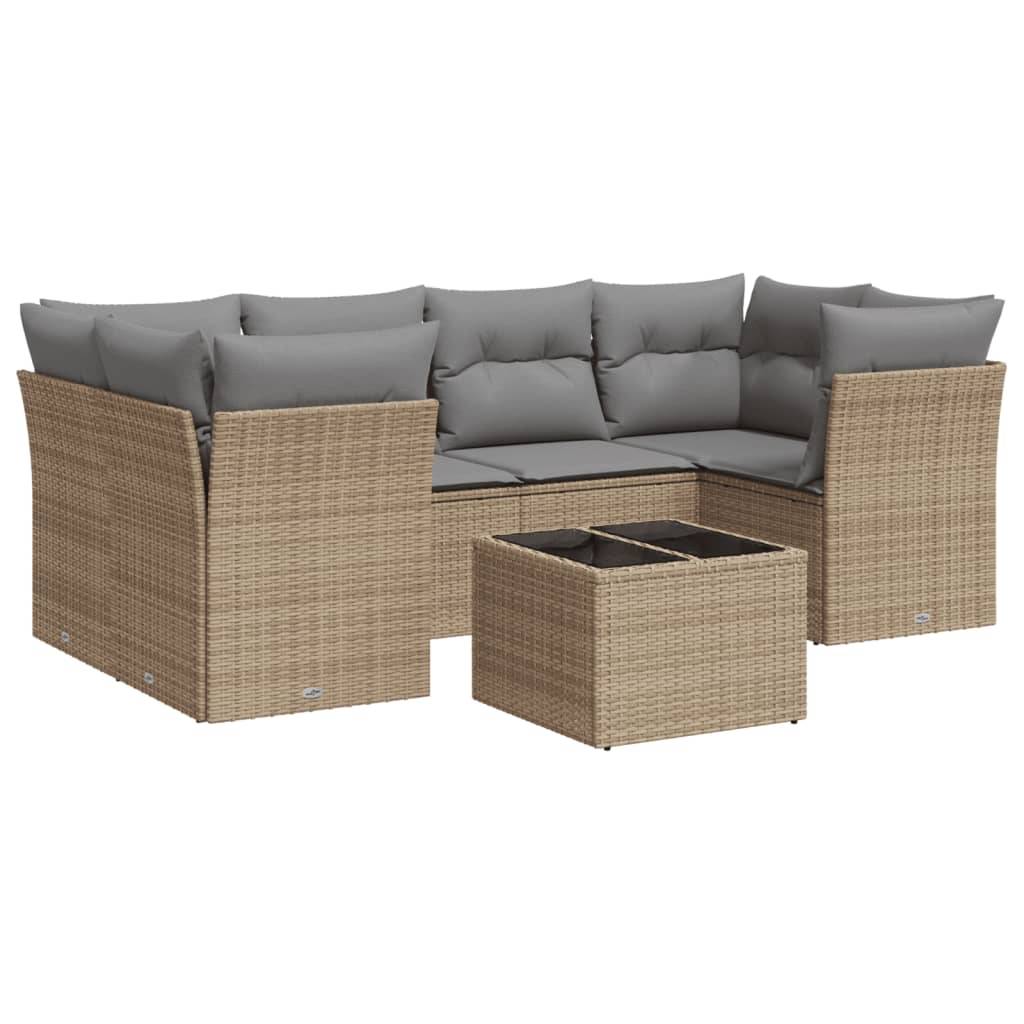 vidaXL 7-tlg. Garten-Sofagarnitur mit Kissen Beige Poly Rattan