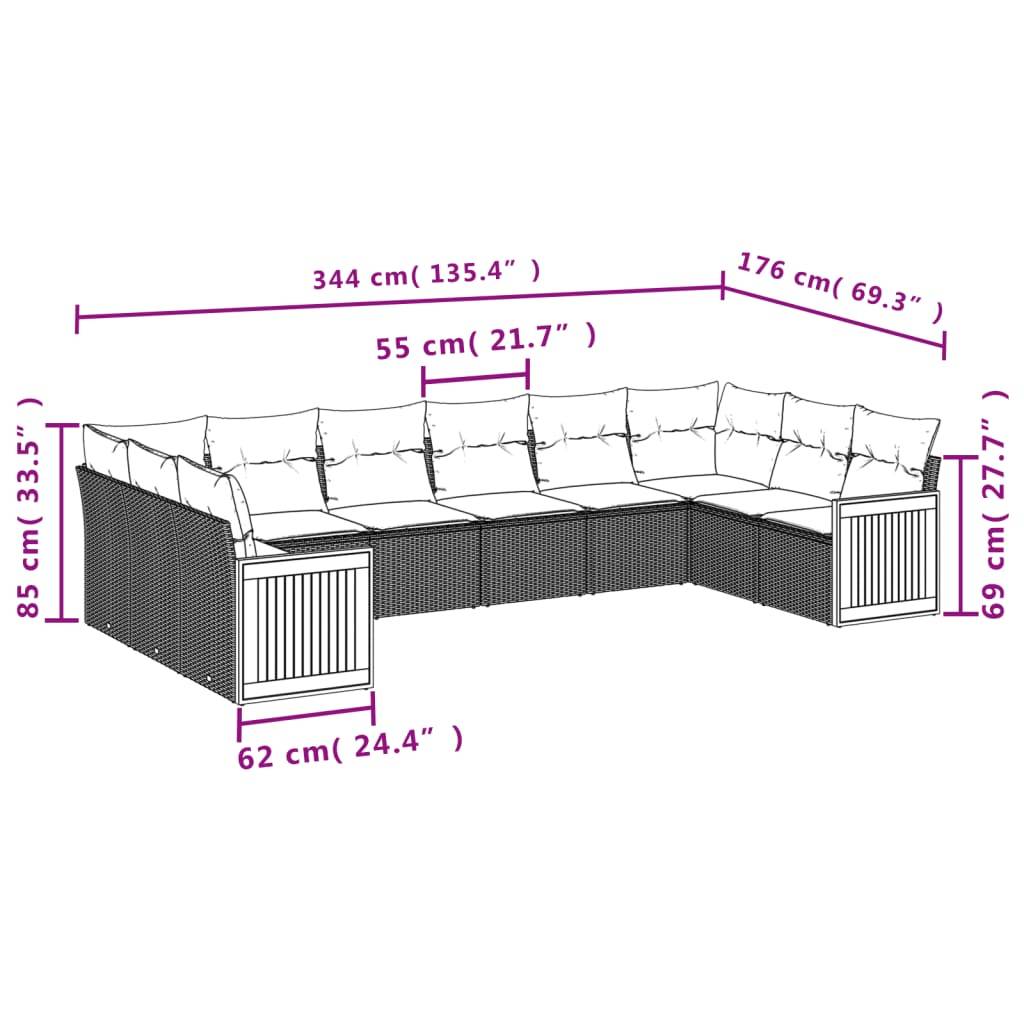 vidaXL 10-tlg. Garten-Sofagarnitur mit Kissen Schwarz Poly Rattan