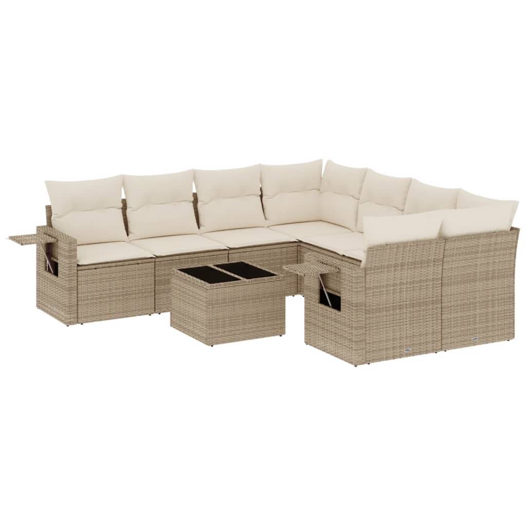 vidaXL 9-tlg. Garten-Sofagarnitur mit Kissen Beige Poly Rattan