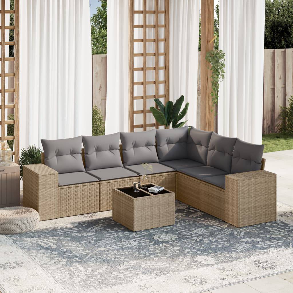 vidaXL 7-tlg. Garten-Sofagarnitur mit Kissen Beige Poly Rattan