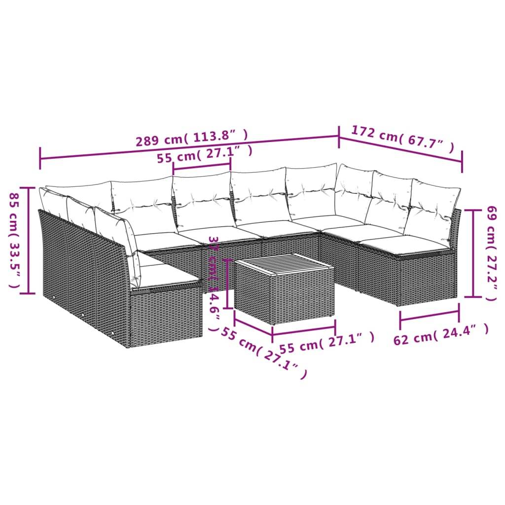 vidaXL 10-tlg. Garten-Sofagarnitur mit Kissen Beige Poly Rattan