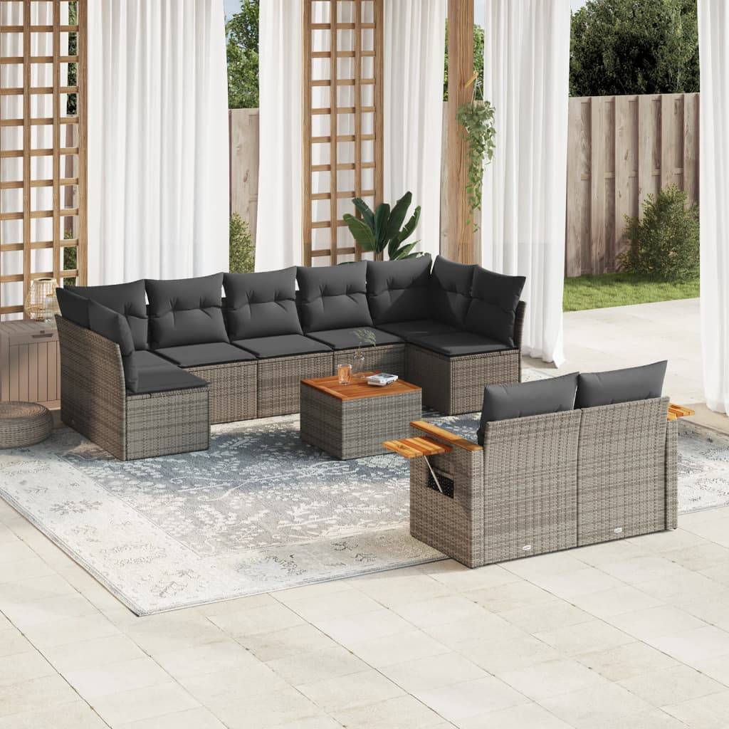 vidaXL 10-tlg. Garten-Sofagarnitur mit Kissen Grau Poly Rattan