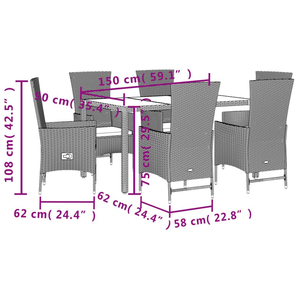 vidaXL 7-tlg. Garten-Essgruppe mit Kissen Beige Poly Rattan
