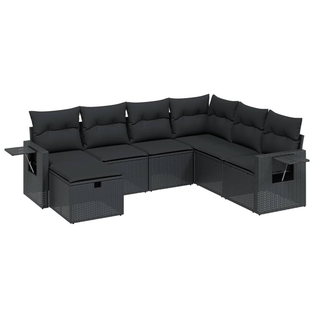 vidaXL 7-tlg. Garten-Sofagarnitur mit Kissen Schwarz Poly Rattan