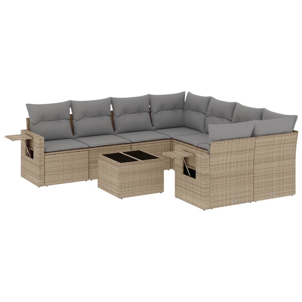 vidaXL 9-tlg. Garten-Sofagarnitur mit Kissen Beige Poly Rattan