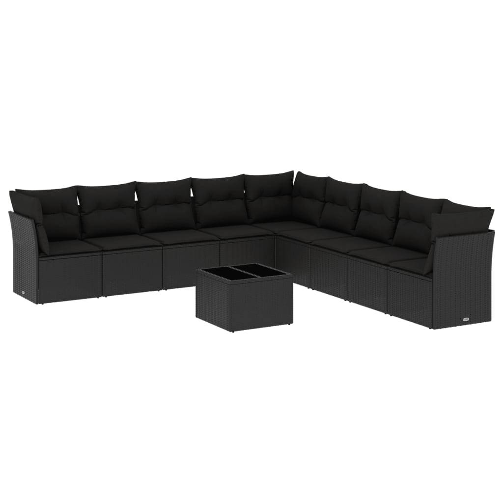vidaXL 10-tlg. Garten-Sofagarnitur mit Kissen Schwarz Poly Rattan